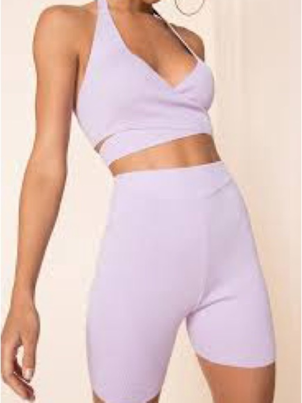 Tiger Mist Lilac Ribbed Halter Crop Top & Biker Short Set Size S